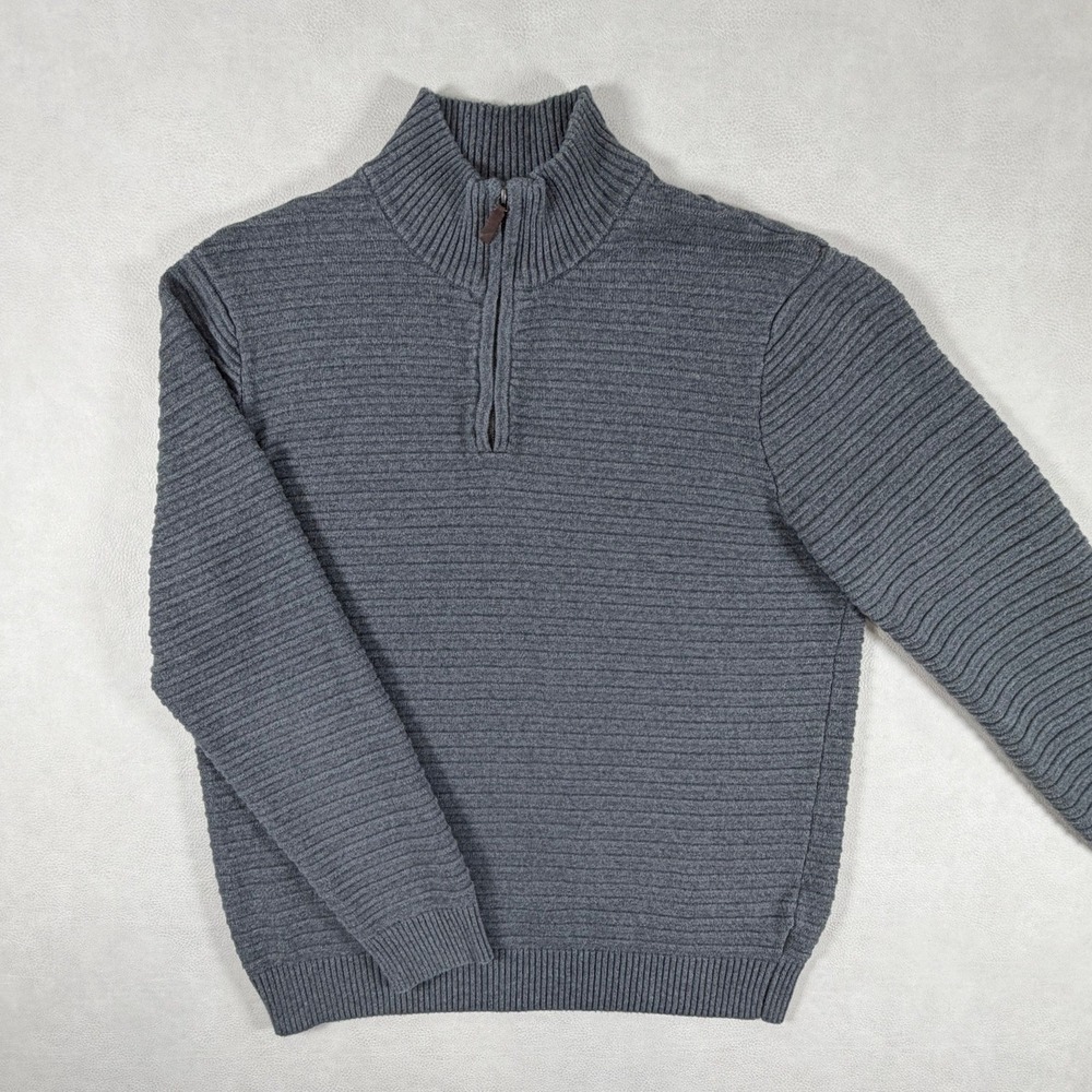 Porter Ash Mens Large Pullover Gray Cotton Ribbed Quarter Zip Mock Neck Sweater